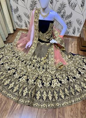 Blue Embroidered Velvet Semi Stitched Lehenga 1