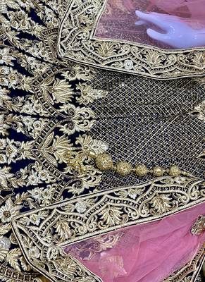 Blue Embroidered Velvet Semi Stitched Lehenga 3