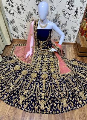 Blue Embroidered Velvet Semi Stitched Lehenga 1