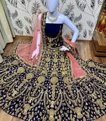 Blue Embroidered Velvet Semi Stitched Lehenga