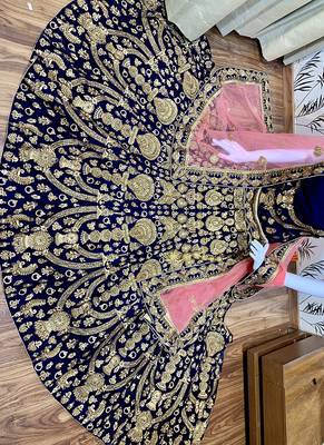 Blue Embroidered Velvet Semi Stitched Lehenga 2