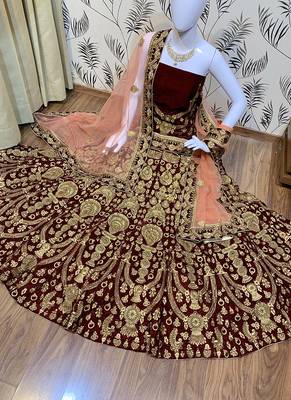 Maroon Embroidered Velvet Semi Stitched Lehenga 1