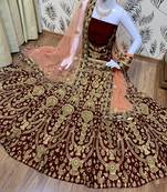 Maroon Embroidered Velvet Semi Stitched Lehenga