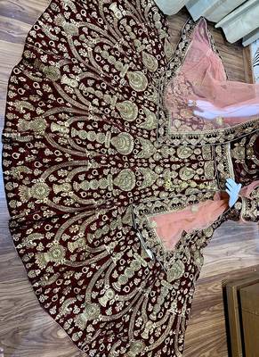 Maroon Embroidered Velvet Semi Stitched Lehenga 2