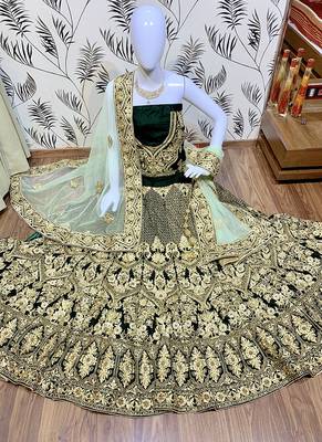 Green Embroidered Velvet Semi Stitched Lehenga 1