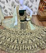 Green Embroidered Velvet Semi Stitched Lehenga