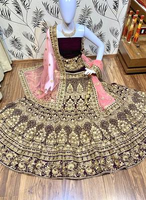 Purple Embroidered Velvet Semi Stitched Lehenga 1