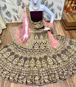 Purple Embroidered Velvet Semi Stitched Lehenga