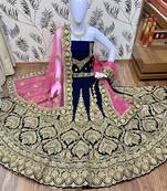 Blue Embroidered Velvet Semi Stitched Lehenga