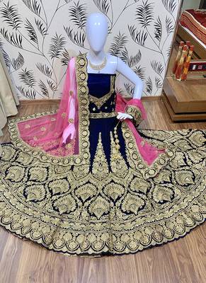 Blue Embroidered Velvet Semi Stitched Lehenga 2