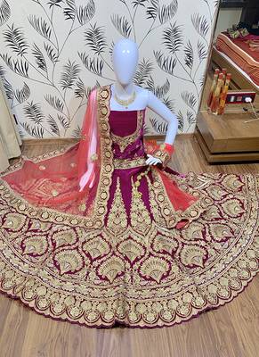 Rani-Pink Embroidered Velvet Semi Stitched Lehenga 1