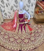 Rani-Pink Embroidered Velvet Semi Stitched Lehenga