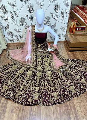 Purple Embroidered Velvet Semi Stitched Lehenga 1