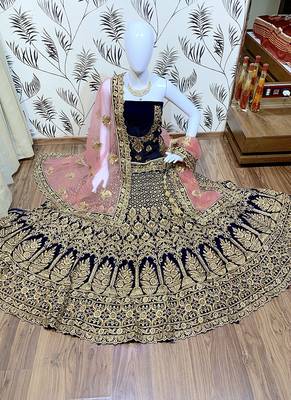 Blue Embroidered Velvet Semi Stitched Lehenga 1