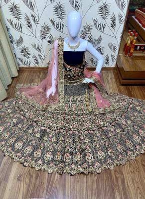 Blue Embroidered Velvet Semi Stitched Lehenga 1