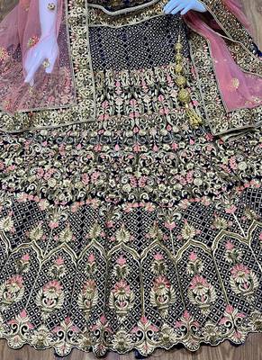 Blue Embroidered Velvet Semi Stitched Lehenga 2