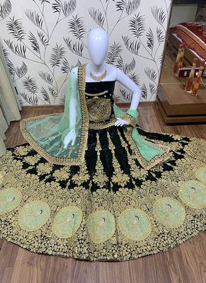 Green Embroidered Velvet Semi Stitched Lehenga 1