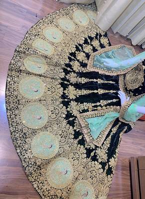 Green Embroidered Velvet Semi Stitched Lehenga 2