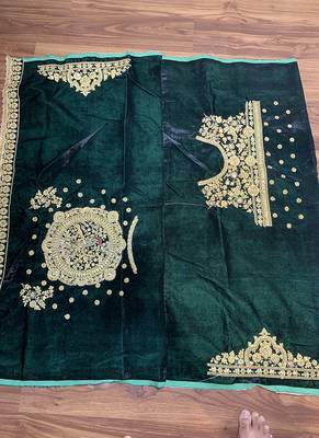 Green Embroidered Velvet Semi Stitched Lehenga 4