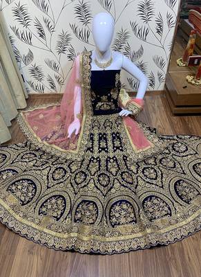 Blue Embroidered Velvet Semi Stitched Lehenga 1