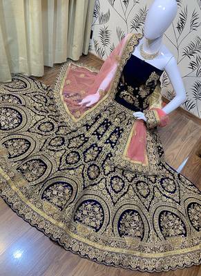 Blue Embroidered Velvet Semi Stitched Lehenga 2