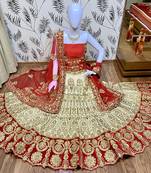 Cream Embroidered Satin Semi Stitched Lehenga