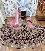 Purple Embroidered Velvet Semi Stitched Lehenga
