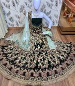 Green Embroidered Velvet Semi Stitched Lehenga