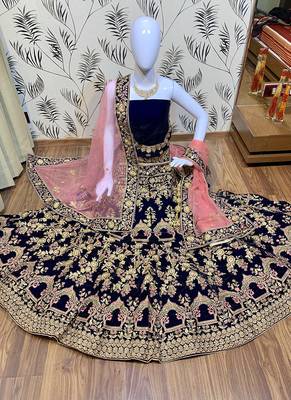 Blue Embroidered Velvet Semi Stitched Lehenga 1