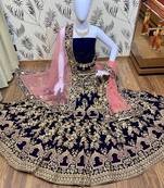 Blue Embroidered Velvet Semi Stitched Lehenga