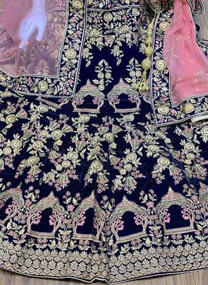 Blue Embroidered Velvet Semi Stitched Lehenga 2