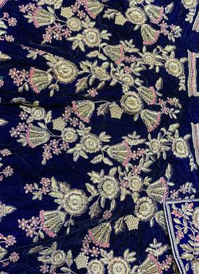 Blue Embroidered Velvet Semi Stitched Lehenga 3
