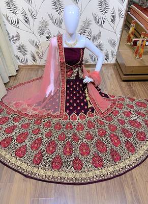 Violet Embroidered Velvet Semi Stitched Lehenga 1