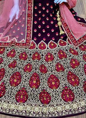 Violet Embroidered Velvet Semi Stitched Lehenga 2