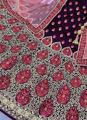 Violet Embroidered Velvet Semi Stitched Lehenga 3