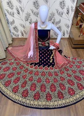 Blue Embroidered Velvet Semi Stitched Lehenga 1