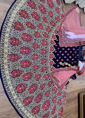 Blue Embroidered Velvet Semi Stitched Lehenga 2