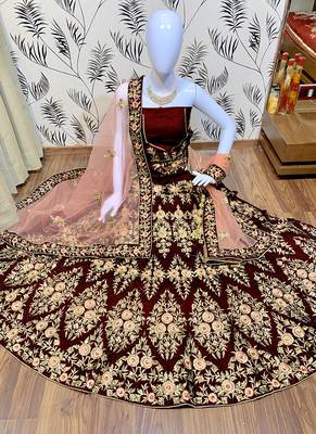Blue Embroidered Velvet Semi Stitched Lehenga 1