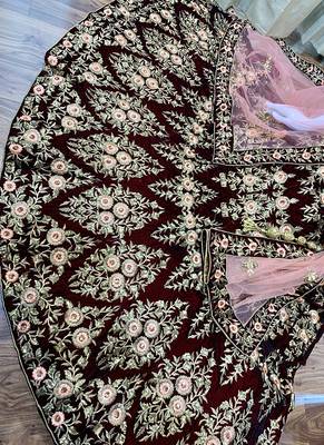 Blue Embroidered Velvet Semi Stitched Lehenga 2
