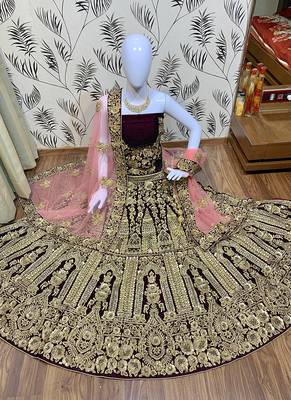 Violet Embroidered Velvet Semi Stitched Lehenga 1