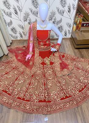 Red Embroidered Velvet Semi Stitched Lehenga 1