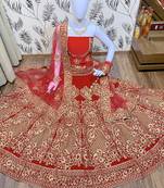 Red Embroidered Velvet Semi Stitched Lehenga
