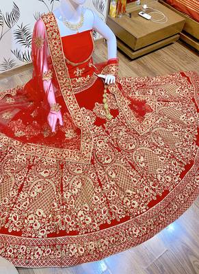 Red Embroidered Velvet Semi Stitched Lehenga 2