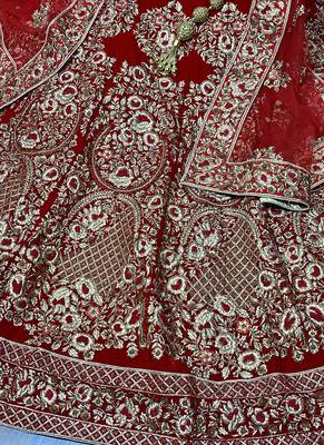 Red Embroidered Velvet Semi Stitched Lehenga 3