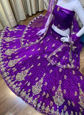 Purple Embroidered Net Semi Stitched Lehenga 2