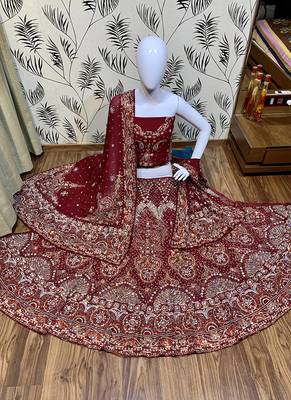 Maroon Embroidered Net Semi Stitched Lehenga 1