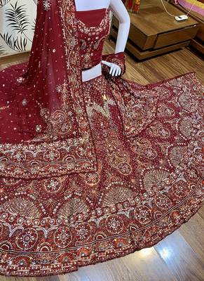 Maroon Embroidered Net Semi Stitched Lehenga 2