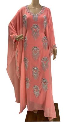 peach georgette moroccan islamic dubai kaftan farasha zari and stone work dress 1