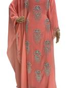 peach georgette moroccan islamic dubai kaftan farasha zari and stone work dress