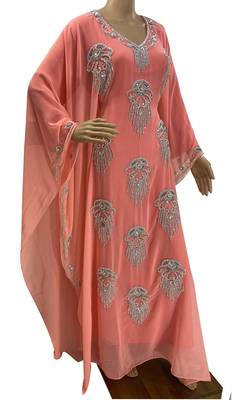 peach georgette moroccan islamic dubai kaftan farasha zari and stone work dress 2
